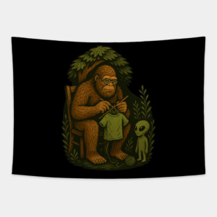 Bigfoot Sewing a Shirt for an Alien Tapestry