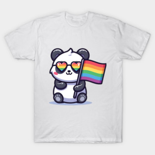 Cute Panda with Pride Flag | LGBTQ+ Love & Equality Design | Adorable Animal Holding Rainbow Flag | Inclusive Pride Month Graphic | Support & Celebrate Diversity Art T-Shirt