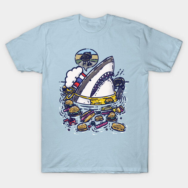 Summertime Burgers And Dogs Shark T-Shirt by nickv47