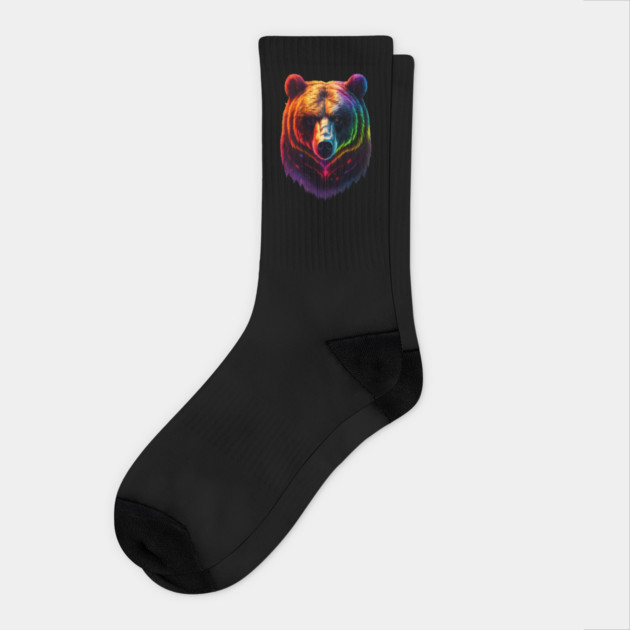 Pride Rainbow Bear Face - LGBTQ Bear in Neon Cosmic Colors Socks by WarFX Designs