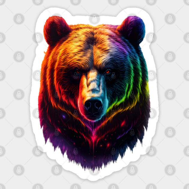 Pride Rainbow Bear Face - LGBTQ Bear in Neon Cosmic Colors Sticker by WarFX Designs