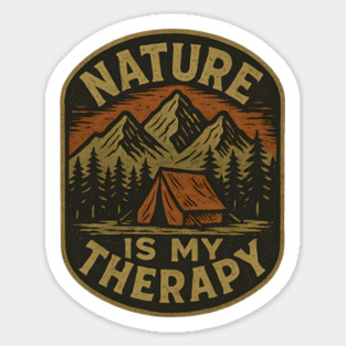 Nature Is My Therapy - Vintage Camping Quote with Mountains and Tent Illustration Sticker