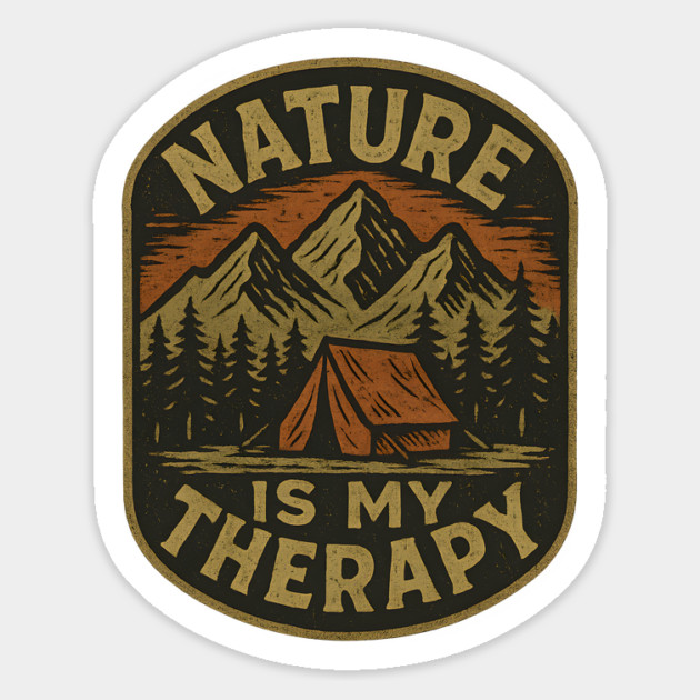 Nature Is My Therapy - Vintage Camping Quote with Mountains and Tent Illustration Magnet by WarFX Designs