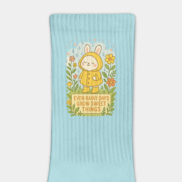 Even Rainy Days Grow Sweet Things – Kawaii Bunny in Yellow Raincoat Illustration by Anne Lee