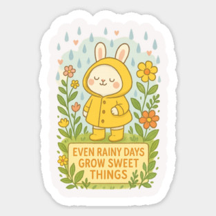 Even Rainy Days Grow Sweet Things – Kawaii Bunny in Yellow Raincoat Illustration Sticker