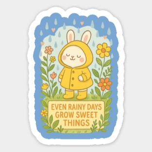 Even Rainy Days Grow Sweet Things – Kawaii Bunny in Yellow Raincoat Illustration Magnet