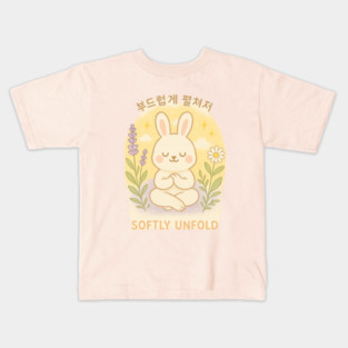 Softly Unfold – Meditating Bunny Quote Design with Korean Calligraphy Kids T-Shirt
