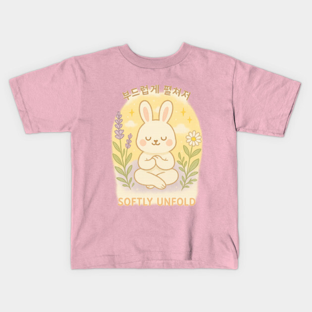 Softly Unfold – Meditating Bunny Quote Design with Korean Calligraphy Kids T-Shirt by Anne Lee