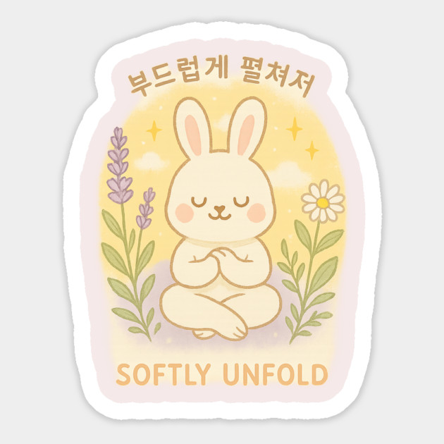 Softly Unfold – Meditating Bunny Quote Design with Korean Calligraphy Magnet by Anne Lee
