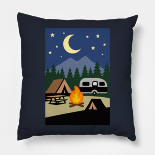 Moonlit Campfire Night – Minimalist Camping Art Pillow