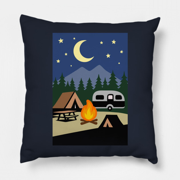 Moonlit Campfire Night – Minimalist Camping Art Pillow by DonWillisJrArt