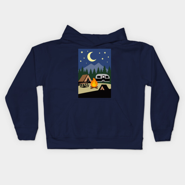 Moonlit Campfire Night – Minimalist Camping Art Kids Hoodie by DonWillisJrArt