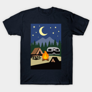 Moonlit Campfire Night – Minimalist Camping Art T-Shirt