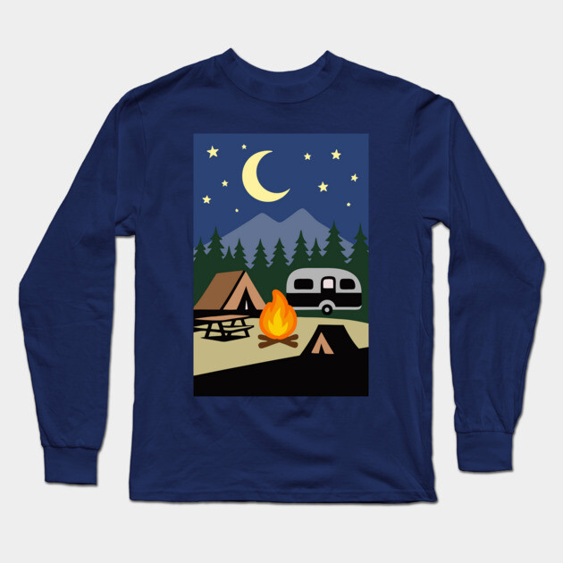 Moonlit Campfire Night – Minimalist Camping Art Long Sleeve T-Shirt by DonWillisJrArt