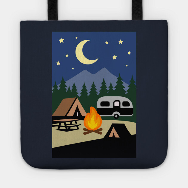 Moonlit Campfire Night – Minimalist Camping Art Tote by DonWillisJrArt