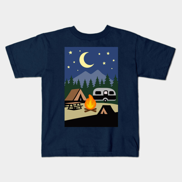 Moonlit Campfire Night – Minimalist Camping Art Kids T-Shirt by DonWillisJrArt