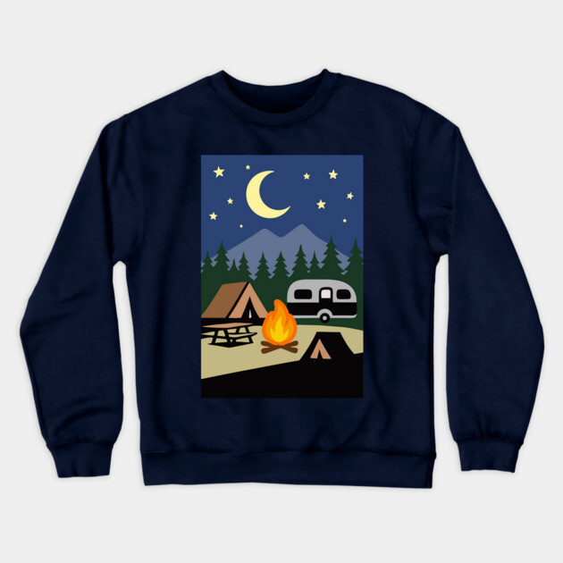 Moonlit Campfire Night – Minimalist Camping Art Crewneck Sweatshirt by DonWillisJrArt