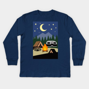 Moonlit Campfire Night – Minimalist Camping Art Kids Long Sleeve T-Shirt