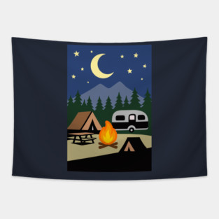 Moonlit Campfire Night – Minimalist Camping Art Tapestry