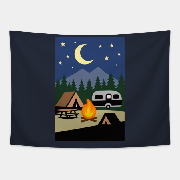 Moonlit Campfire Night – Minimalist Camping Art Tapestry by DonWillisJrArt