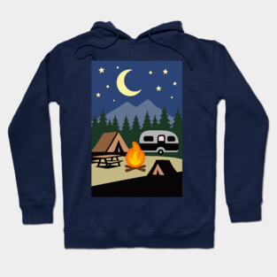 Moonlit Campfire Night – Minimalist Camping Art Hoodie