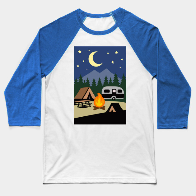 Moonlit Campfire Night – Minimalist Camping Art Baseball T-Shirt by DonWillisJrArt