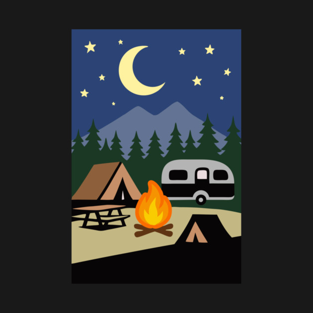 Moonlit Campfire Night – Minimalist Camping Art by DonWillisJrArt