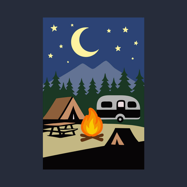 Moonlit Campfire Night – Minimalist Camping Art by DonWillisJrArt