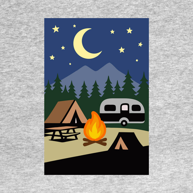 Moonlit Campfire Night – Minimalist Camping Art by DonWillisJrArt