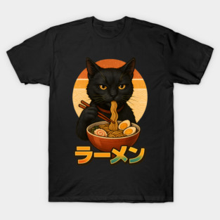 Kawaii Ramen Cat – Funny Black Kitty Eating Noodles T-Shirt