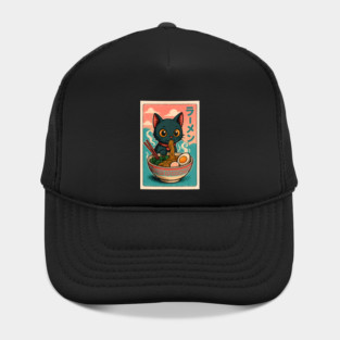 Kawaii Ramen Cat – Funny Black Kitty Eating Noodles Hat