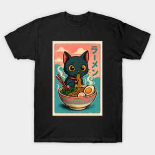 Kawaii Ramen Cat – Funny Black Kitty Eating Noodles T-Shirt