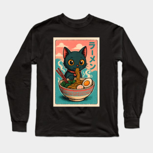 Kawaii Ramen Cat – Funny Black Kitty Eating Noodles Long Sleeve T-Shirt