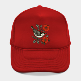 Nuthatch and Red Flowers – Vintage Birdwatcher Folk Art Hat