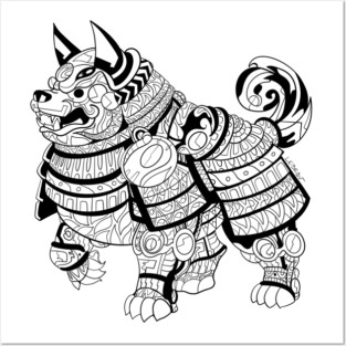 showdown the samurai dog in kawaii pet armor design from japan in tribal art ecopop Posters and Art