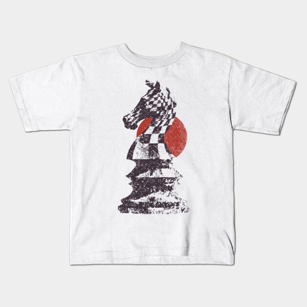 Chess Knight Red Sunset - Woodblock Print Style Kids T-Shirt by TuncGK