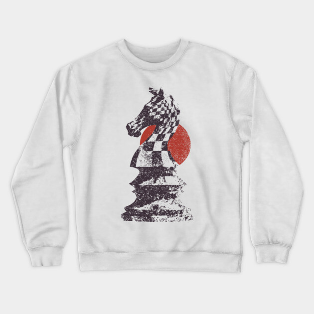 Chess Knight Red Sunset - Woodblock Print Style Crewneck Sweatshirt by TuncGK
