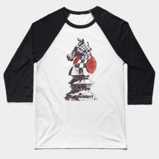 Chess Knight Red Sunset - Woodblock Print Style Baseball T-Shirt