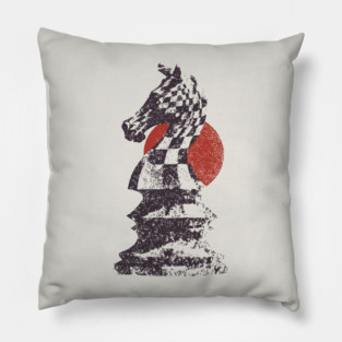 Chess Knight Red Sunset - Woodblock Print Style Pillow