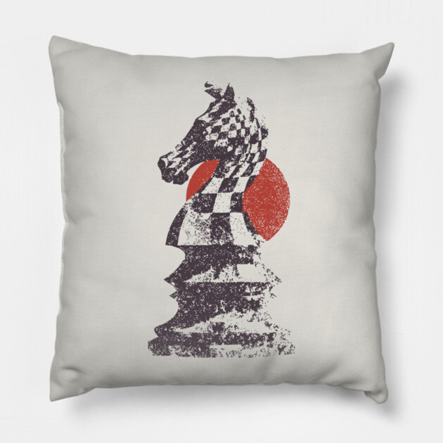 Chess Knight Red Sunset - Woodblock Print Style Pillow by TuncGK