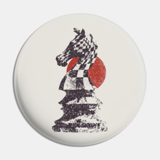 Chess Knight Red Sunset - Woodblock Print Style Pin