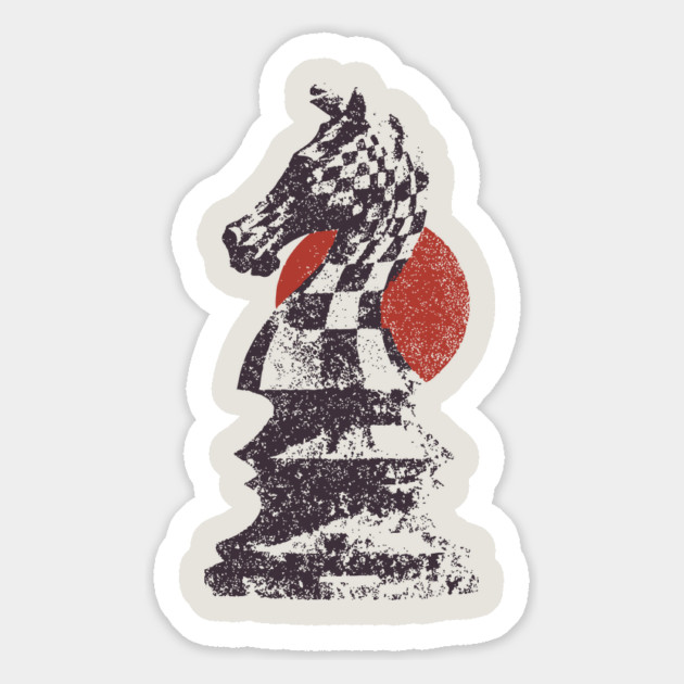 Chess Knight Red Sunset - Woodblock Print Style Magnet by TuncGK
