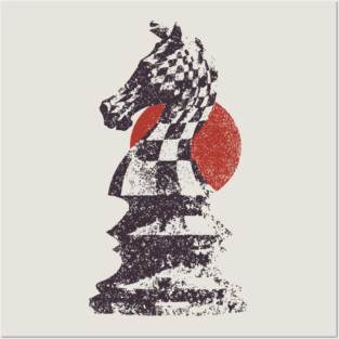 Chess Knight Red Sunset - Woodblock Print Style Posters and Art