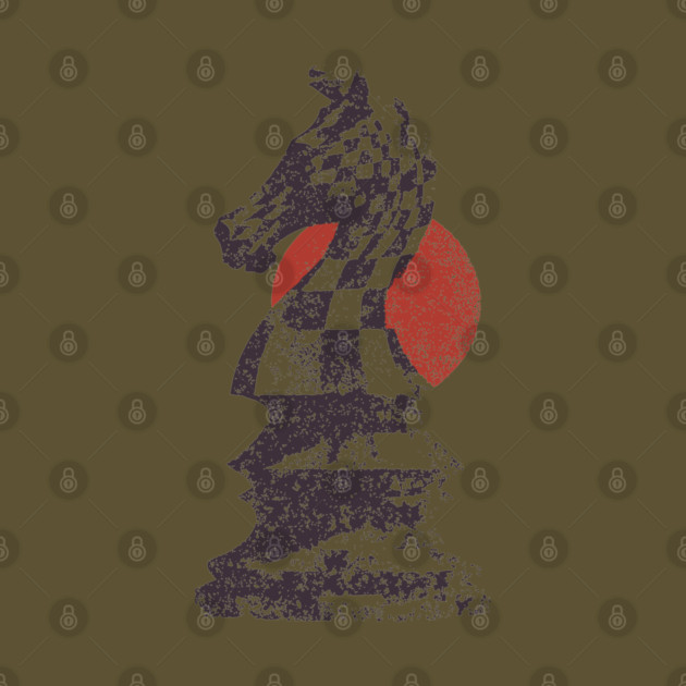 Chess Knight Red Sunset - Woodblock Print Style by TuncGK