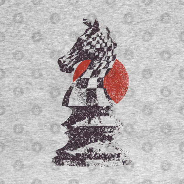 Chess Knight Red Sunset - Woodblock Print Style by TuncGK