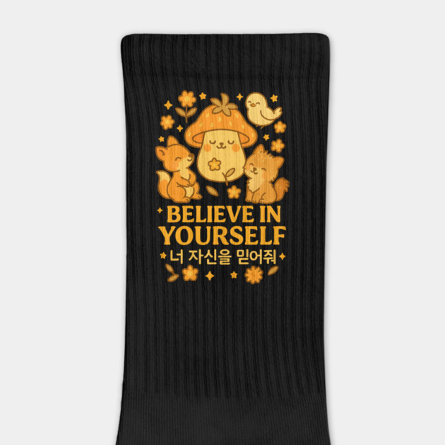 Believe in Yourself – Cute Fox & Mushroom Korean Affirmation Design by Anne Lee