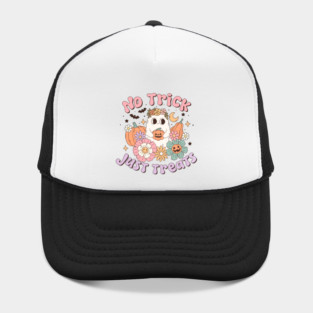 No Trick Just Treats Halloween Ghost, Pumpkins And Flowers Hat