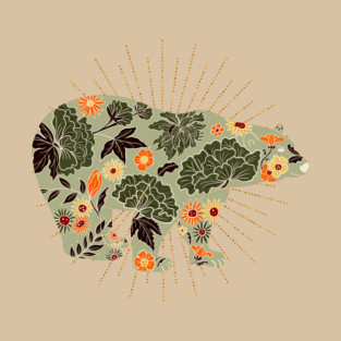 Floral bear silhouette - sage green and orange T-Shirt