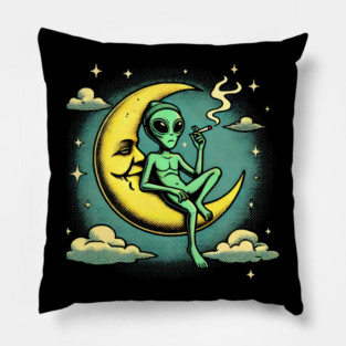 Chill Alien Smoking on the Moon Retro Space Art Pillow