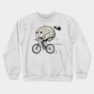 Funny Brain Riding Bike "Free Your Mind" Cartoon Design Crewneck Sweatshirt